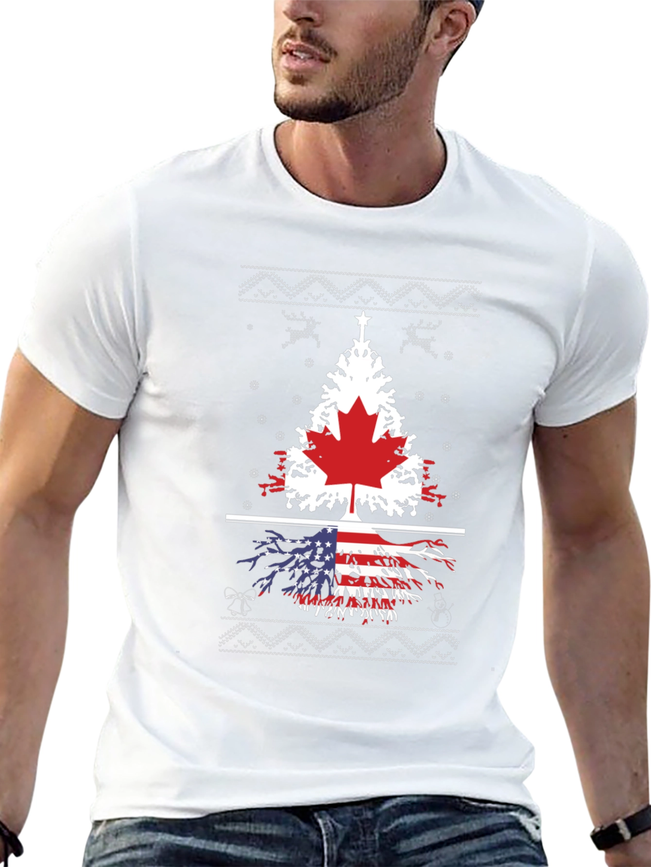 Canada USA Flag Tree Graphic Print Black T-Shirt