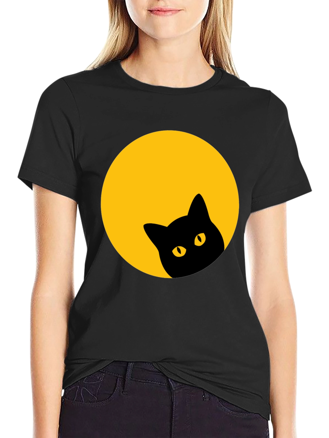 Black Cat Peeking Moon Tee
