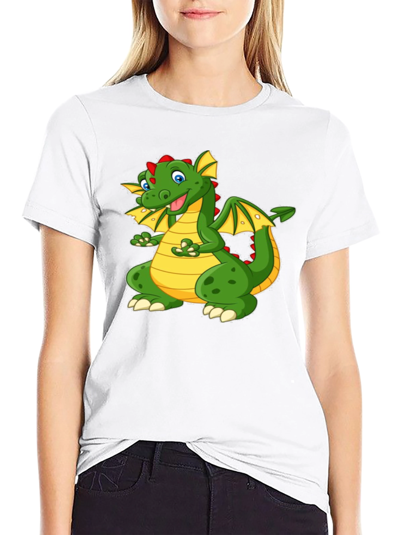 Cartoon Dragon Graphic Tee - Black Cotton T-Shirt