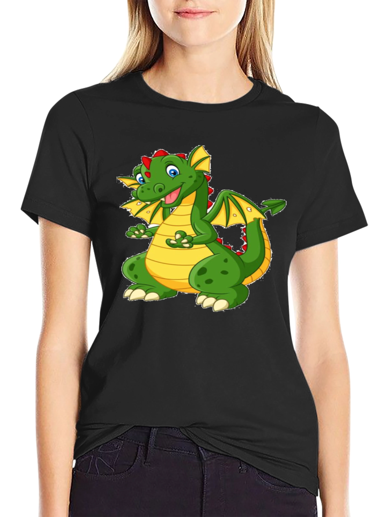 Cartoon Dragon Graphic Tee - Black Cotton T-Shirt