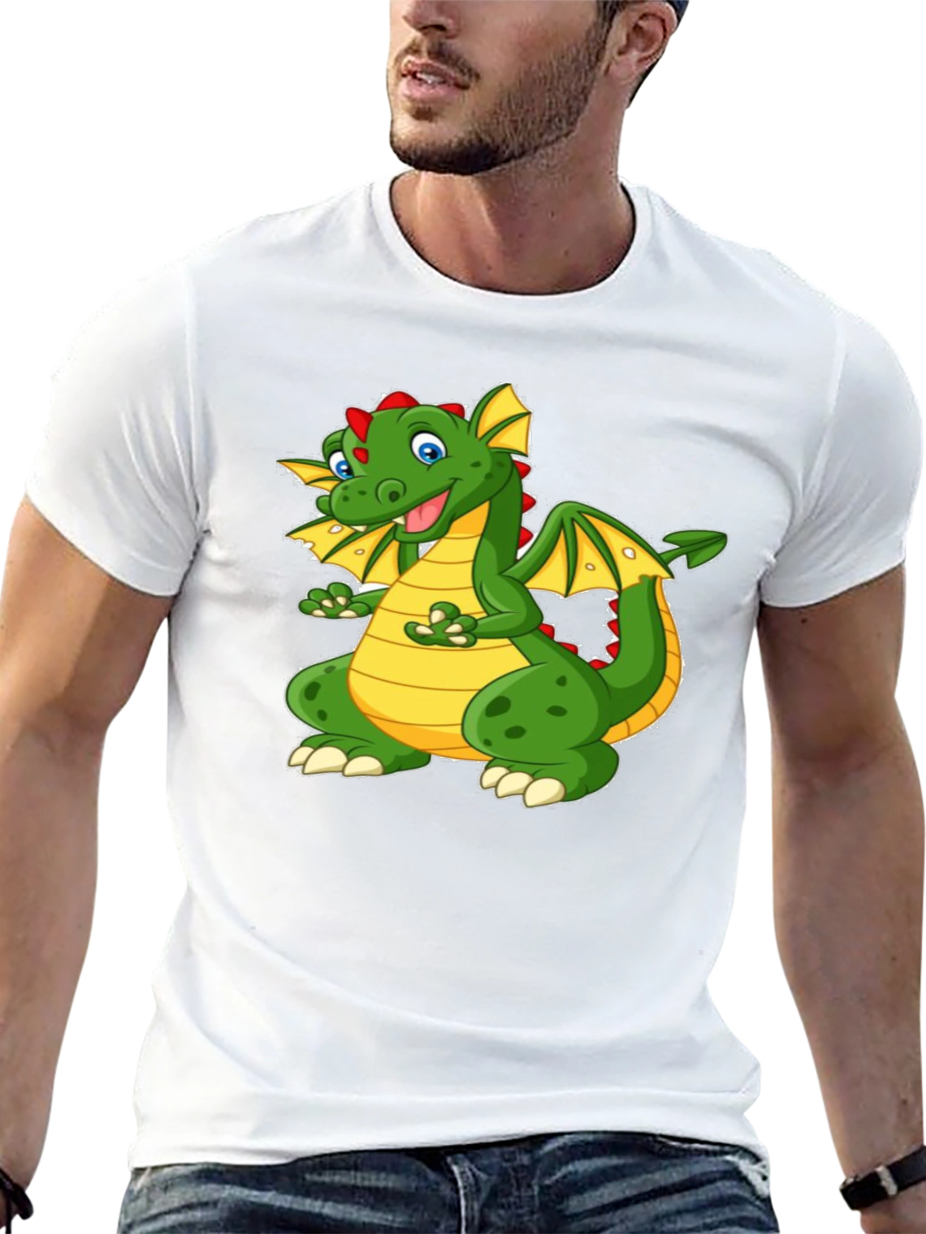 Cartoon Dragon Graphic Tee - Black Cotton T-Shirt