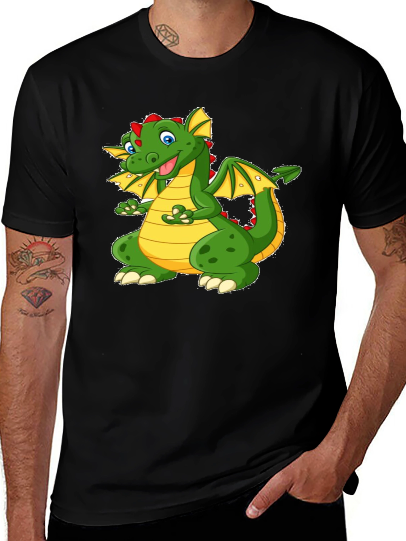 Cartoon Dragon Graphic Tee - Black Cotton T-Shirt