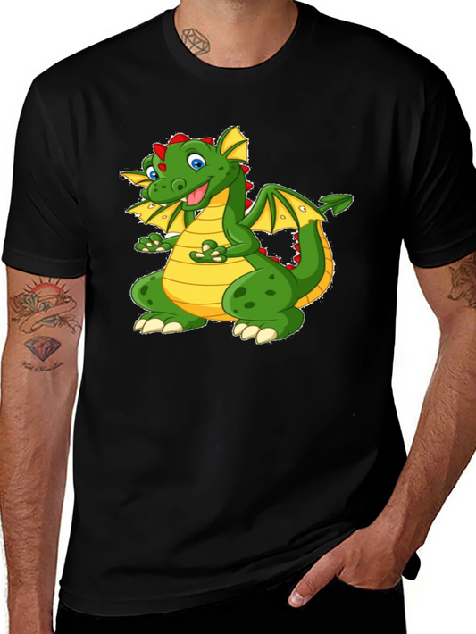 Cartoon Dragon Graphic Tee - Black Cotton T-Shirt