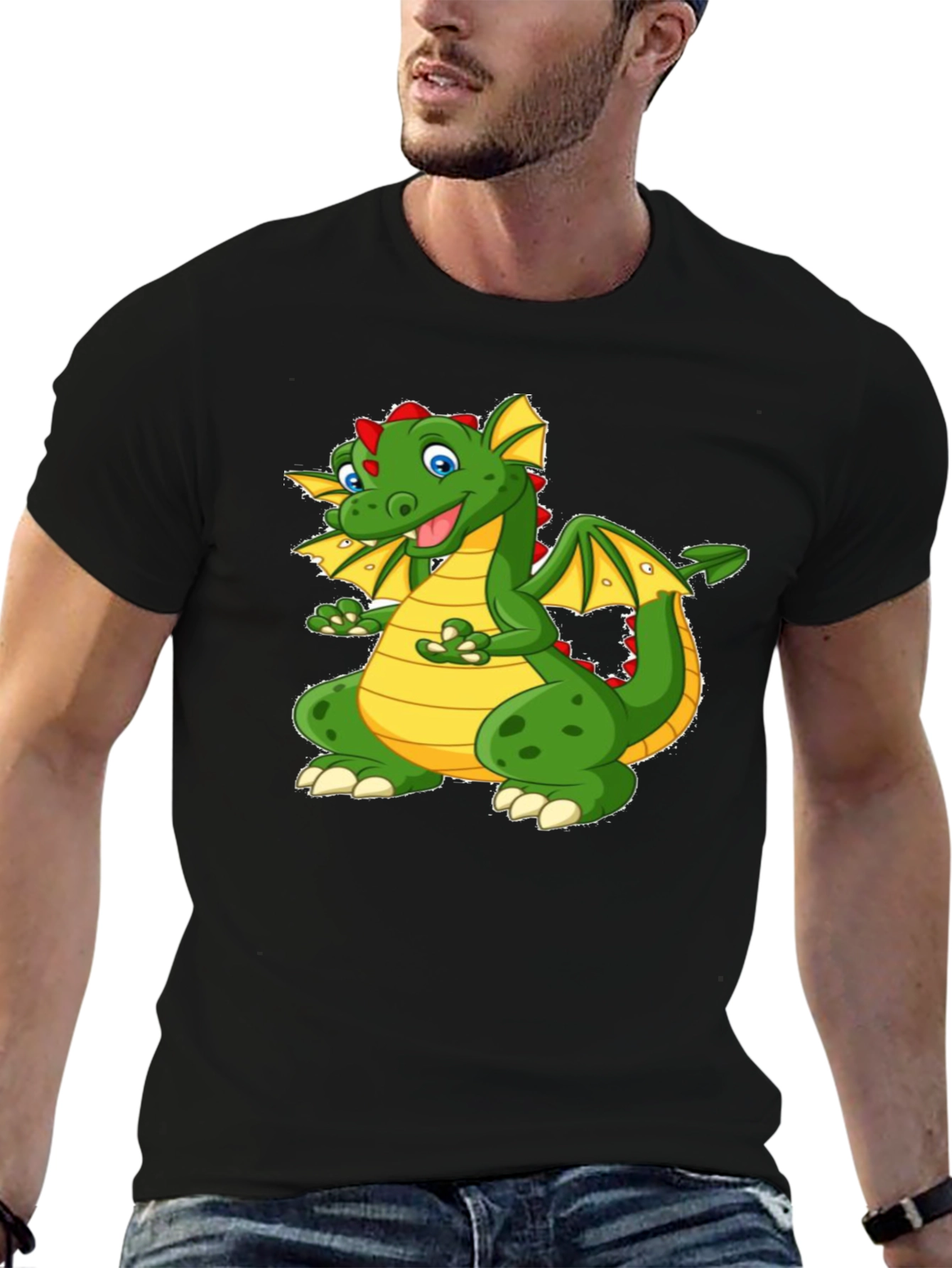 Cartoon Dragon Graphic Tee - Black Cotton T-Shirt