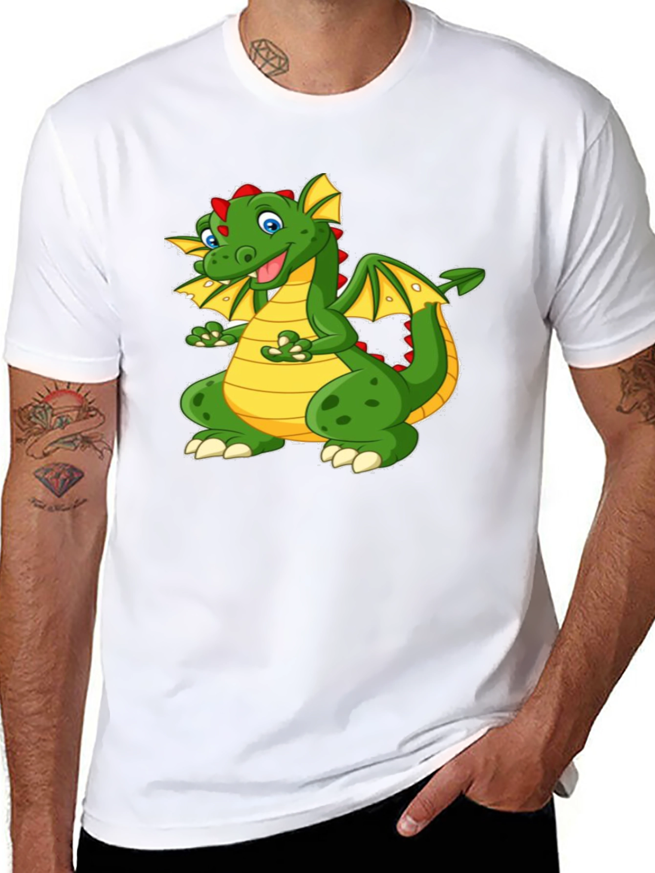 Cartoon Dragon Graphic Tee - Black Cotton T-Shirt