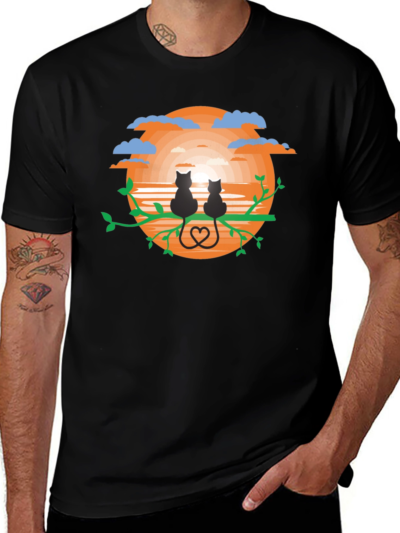 Sunset Cats Graphic Tee - Black Cotton Comfort