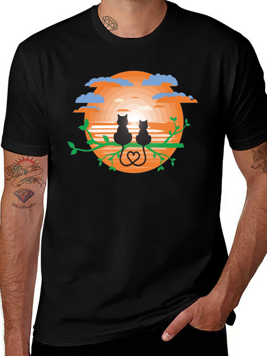 Sunset Cats Graphic Tee - Black Cotton Comfort