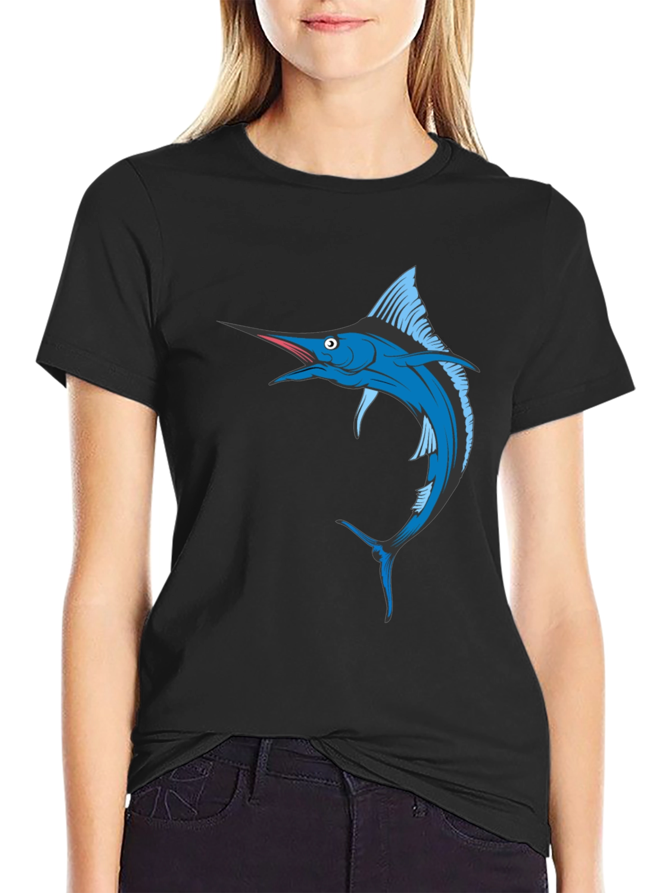 Blue Marlin Fish Graphic T-Shirt - Black Cotton Tee