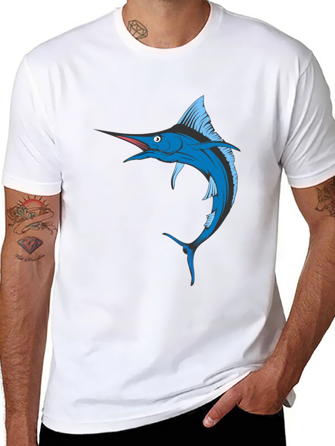 Blue Marlin Fish Graphic T-Shirt - Black Cotton Tee