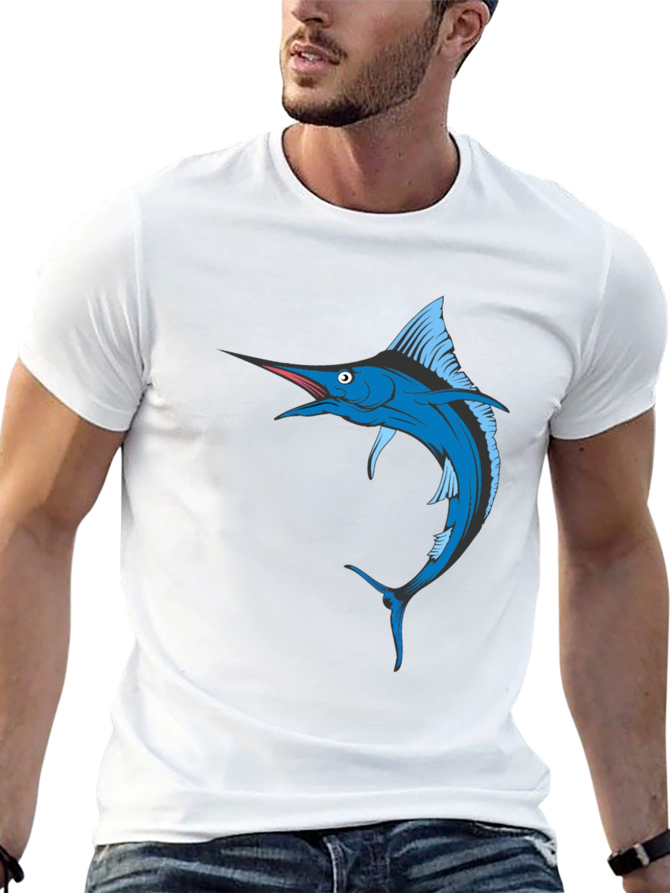 Blue Marlin Fish Graphic T-Shirt - Black Cotton Tee