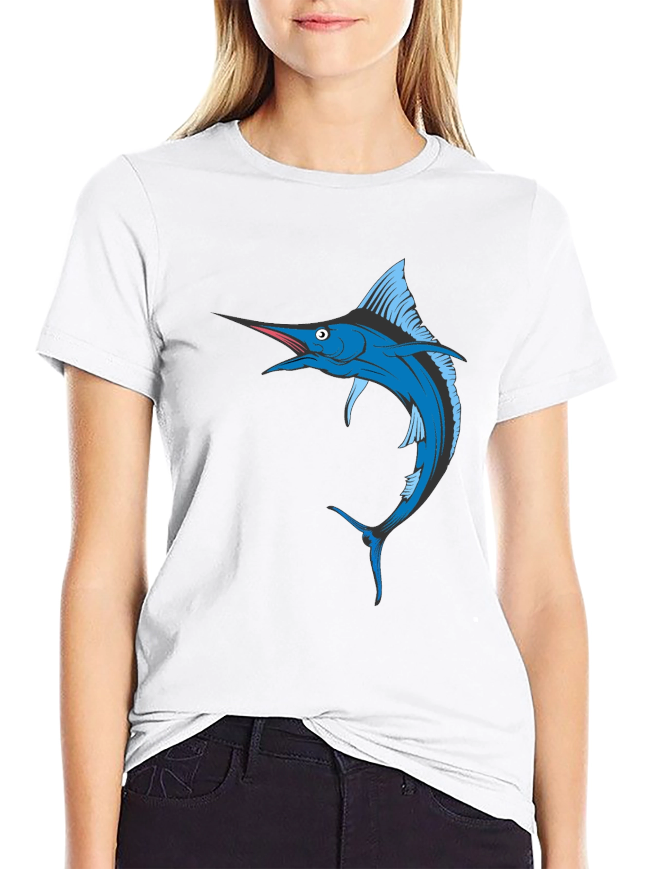 Blue Marlin Fish Graphic T-Shirt - Black Cotton Tee