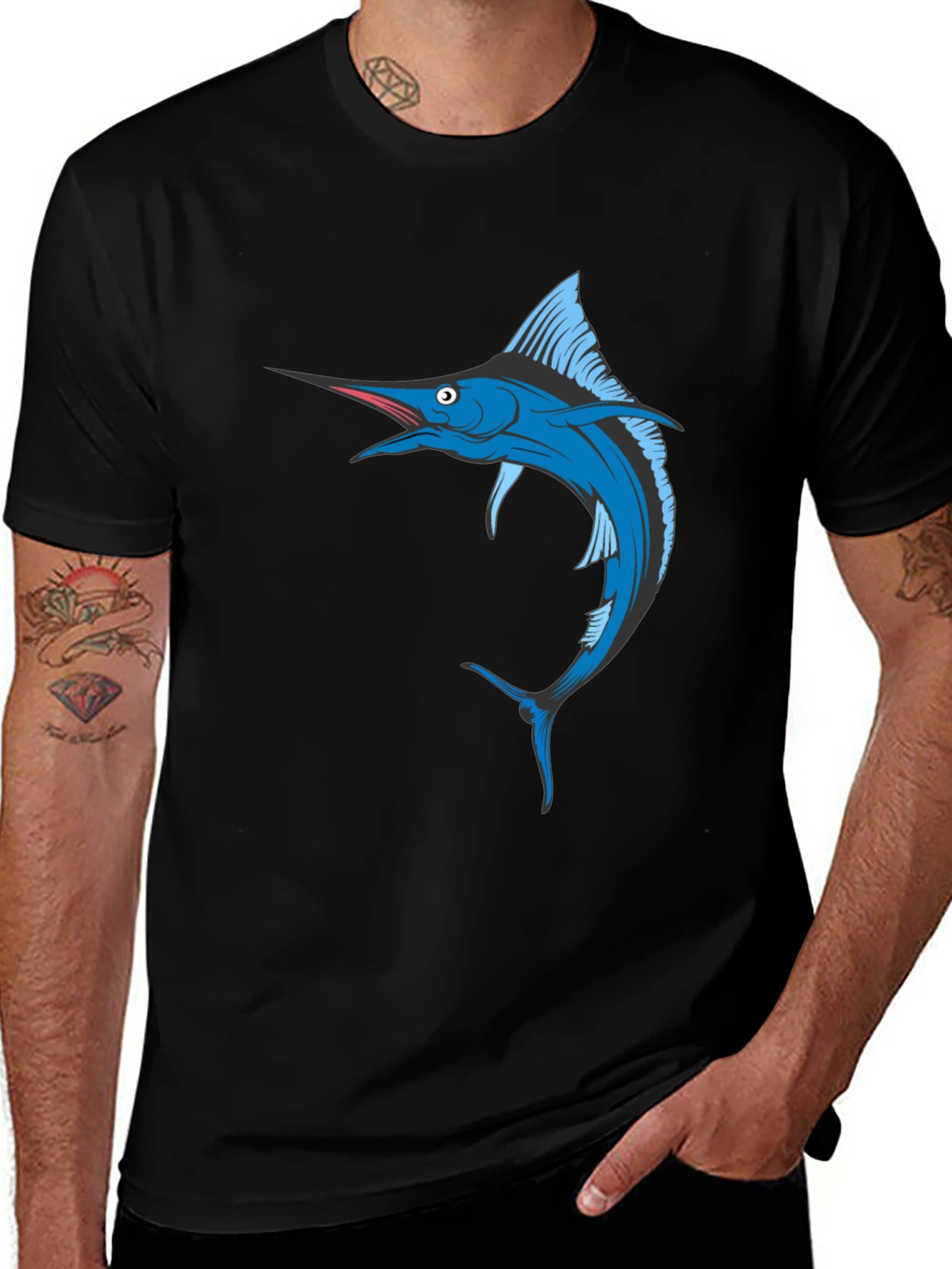 Blue Marlin Fish Graphic T-Shirt - Black Cotton Tee
