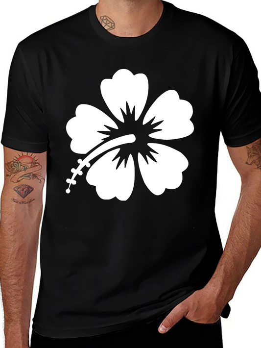 Black T-Shirt with White Hibiscus Flower Graphic
