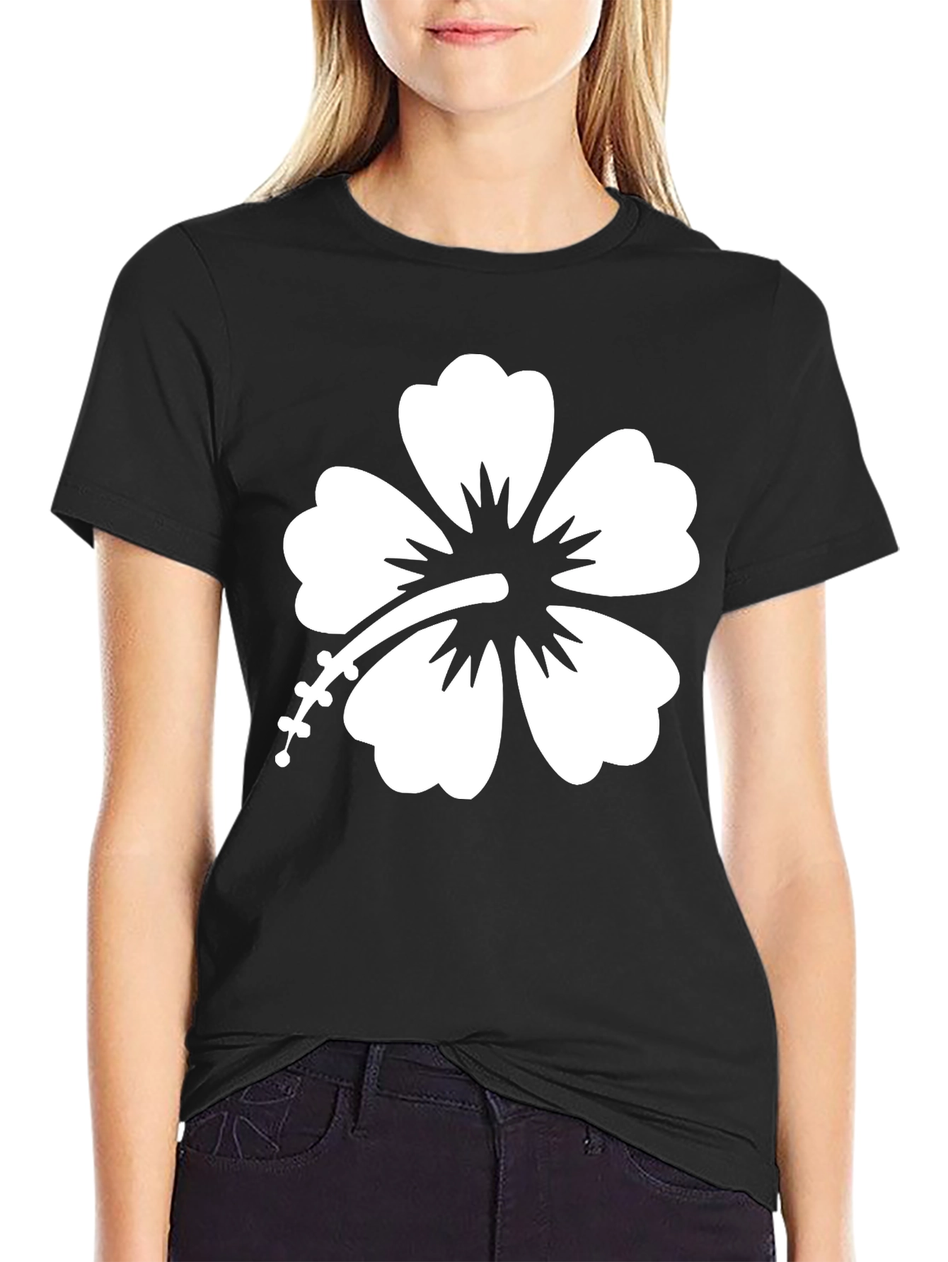 Black T-Shirt with White Hibiscus Flower Graphic