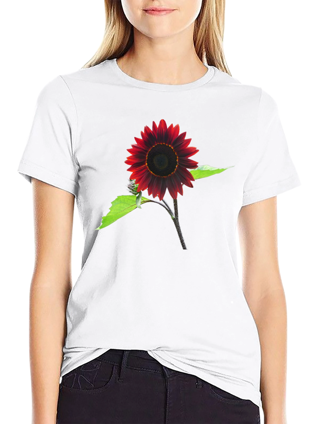 Red Sunflower Graphic Tee - Black Cotton Blend