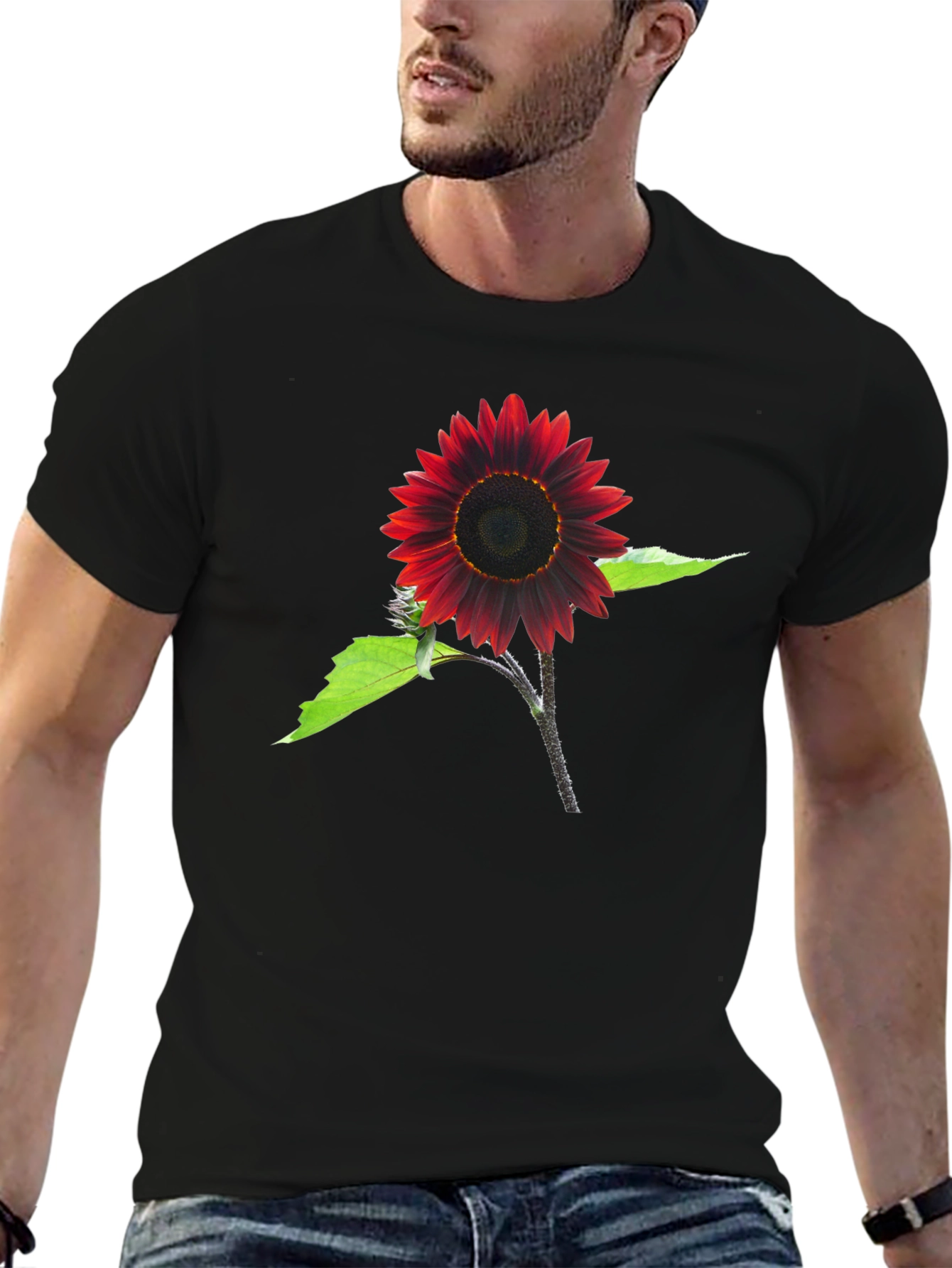 Red Sunflower Graphic Tee - Black Cotton Blend