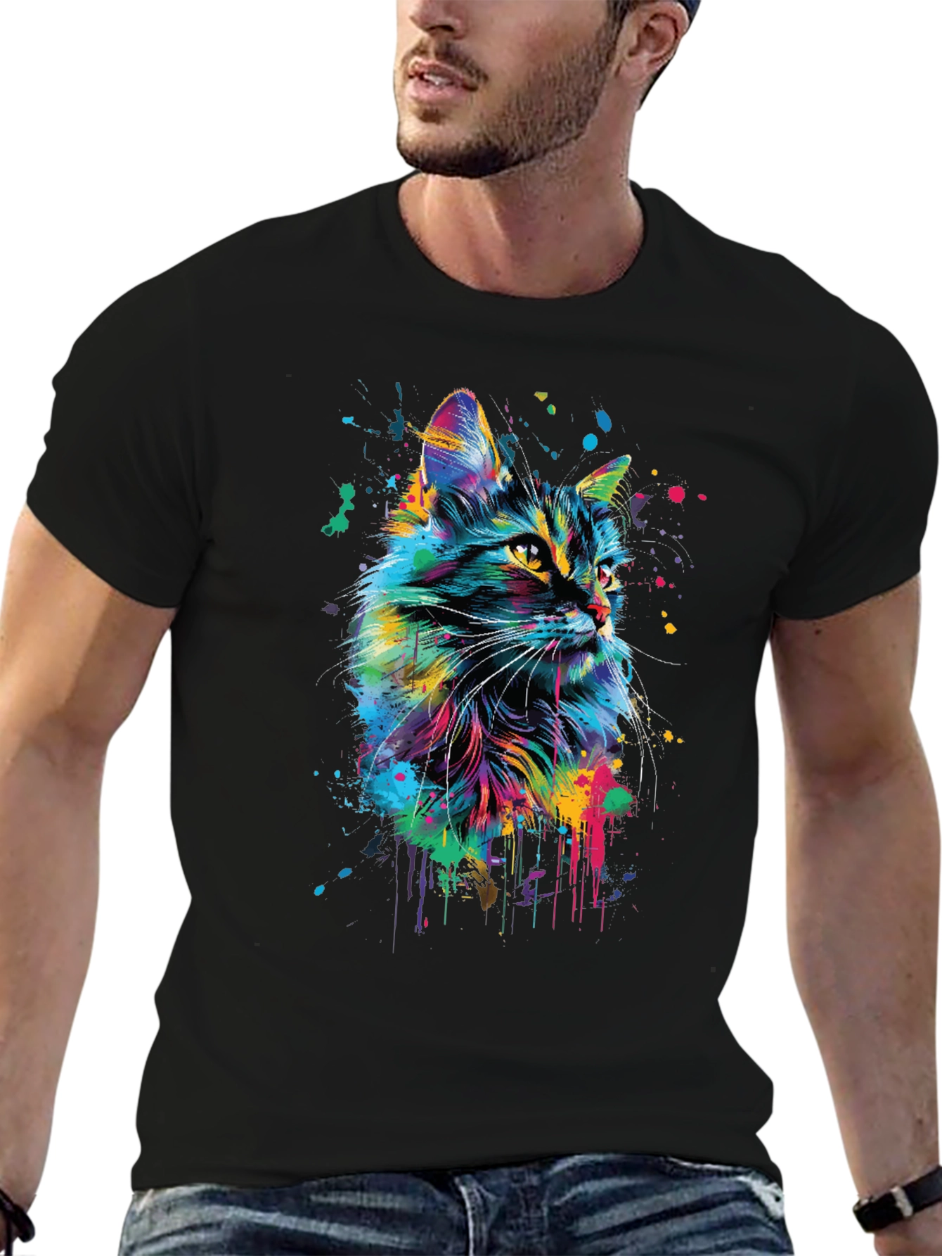 Vibrant Cat Art Black T-Shirt