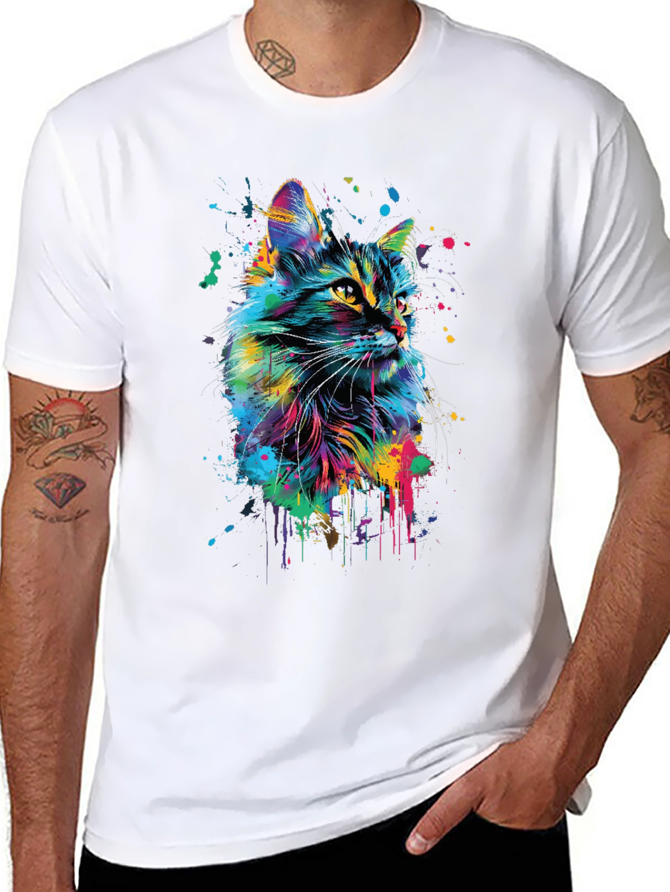Vibrant Cat Art Black T-Shirt