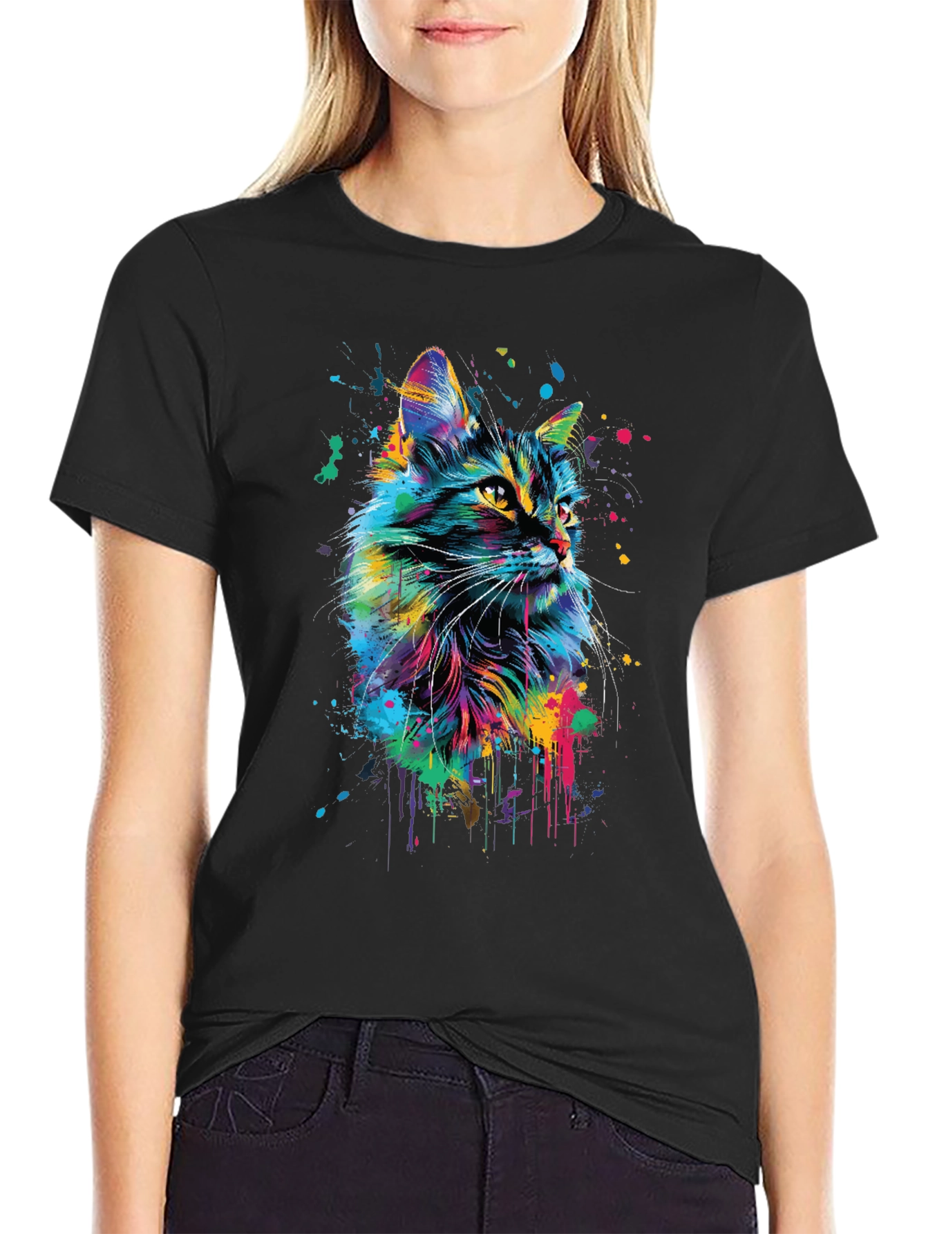 Vibrant Cat Art Black T-Shirt
