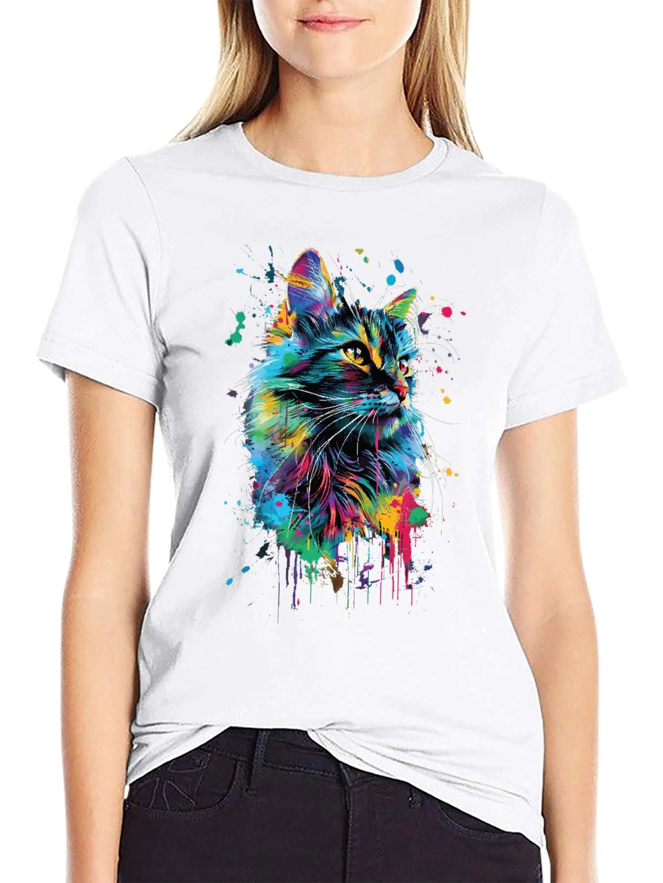 Vibrant Cat Art Black T-Shirt
