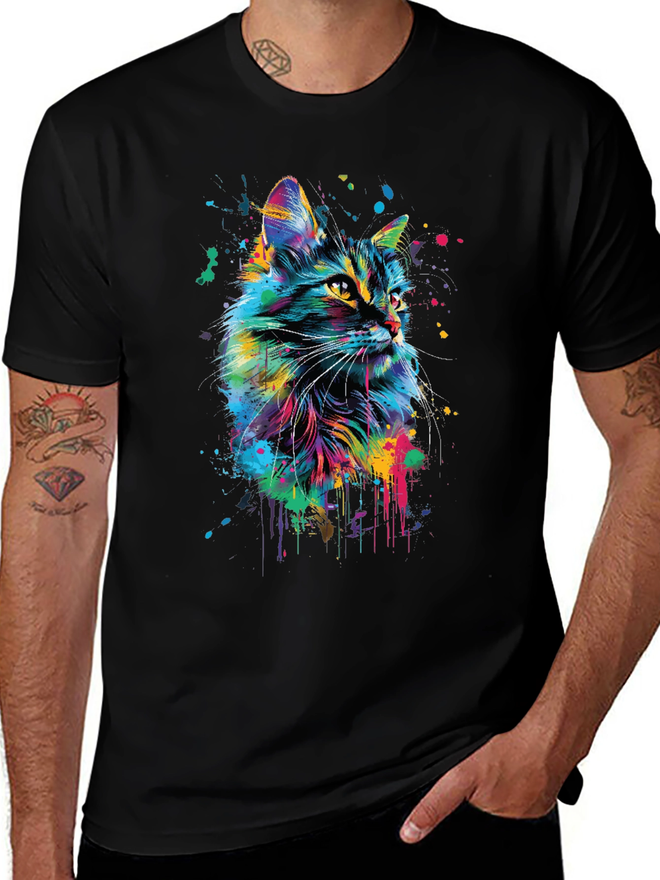 Vibrant Cat Art Black T-Shirt