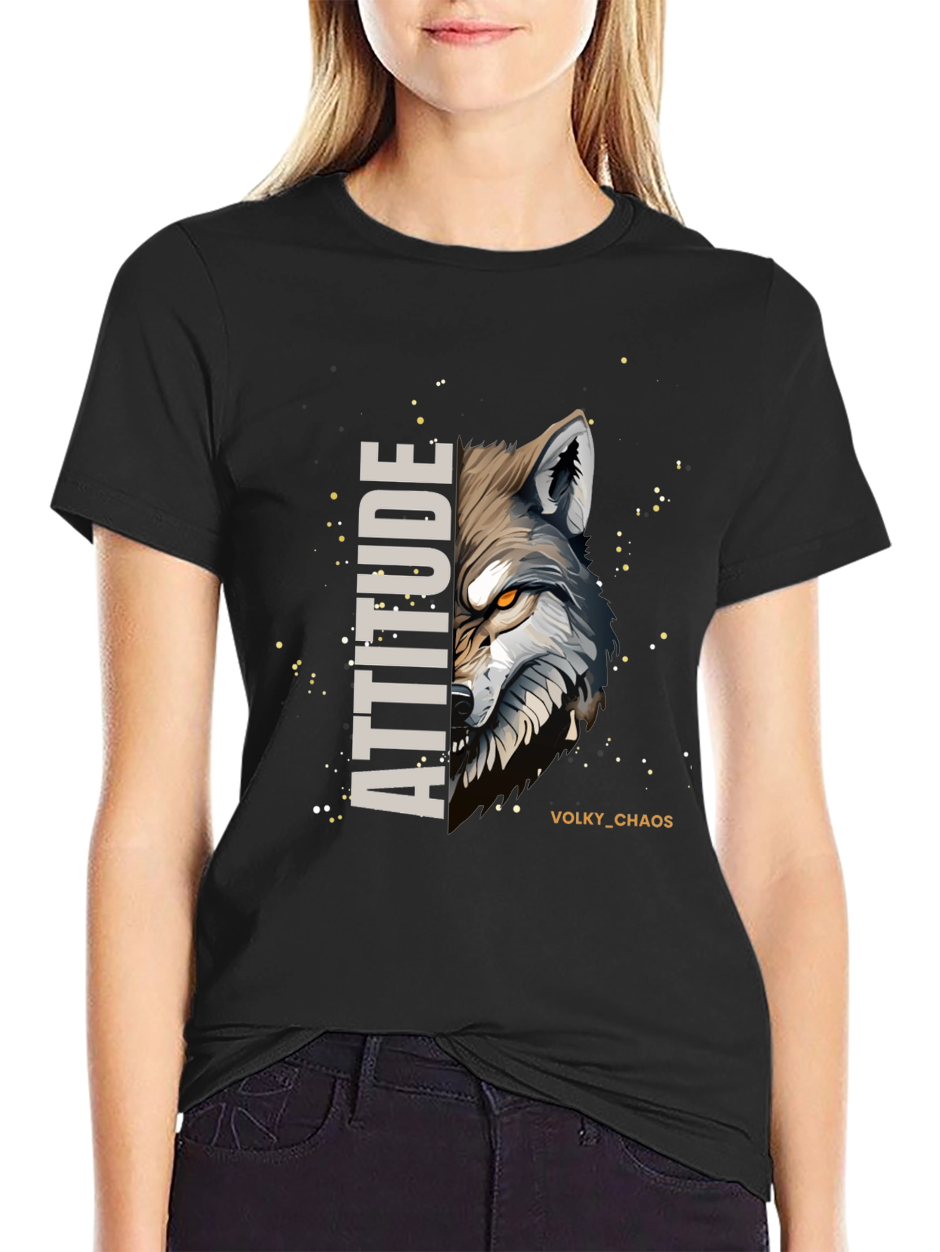 Attitude Wolf Graphic Print Black T-Shirt