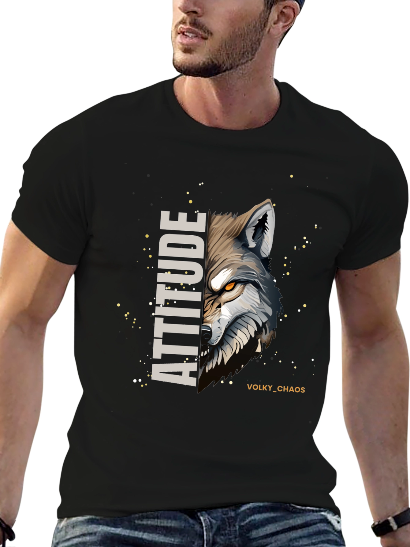 Attitude Wolf Graphic Print Black T-Shirt