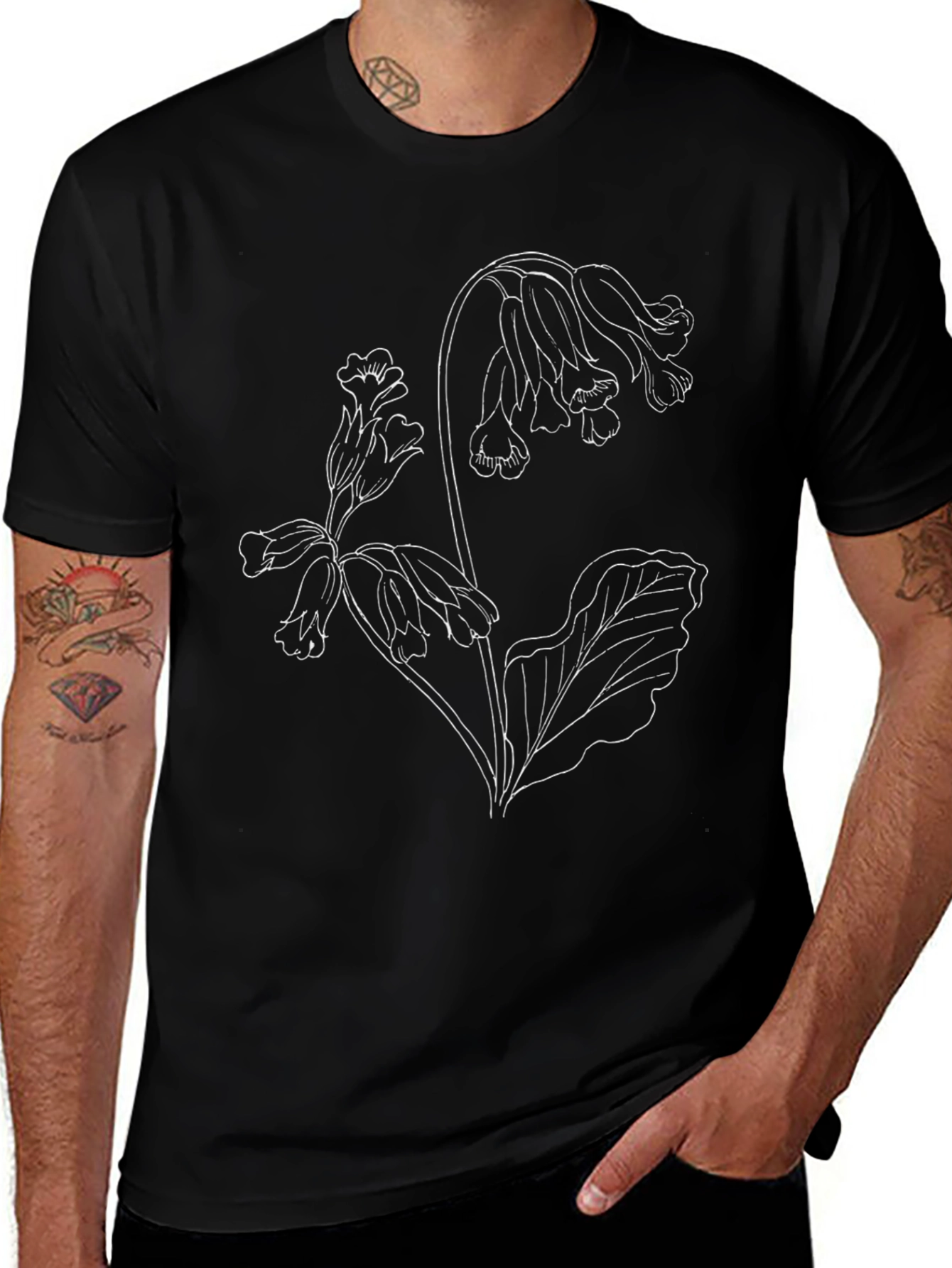 Black Floral Outline Tee - Botanical Design