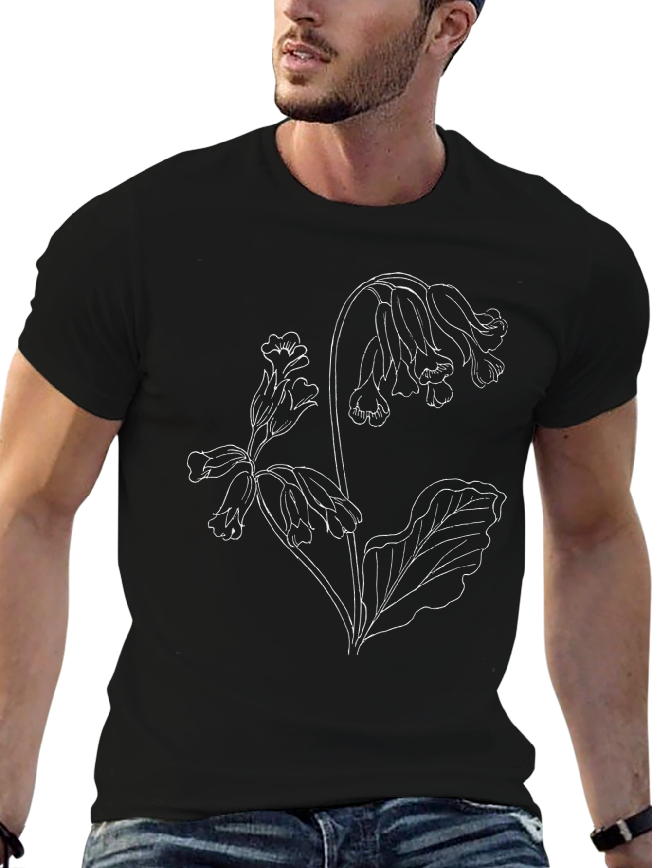Black Floral Outline Tee - Botanical Design