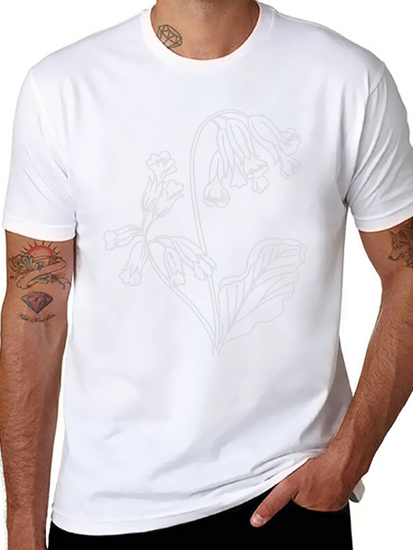 Black Floral Outline Tee - Botanical Design