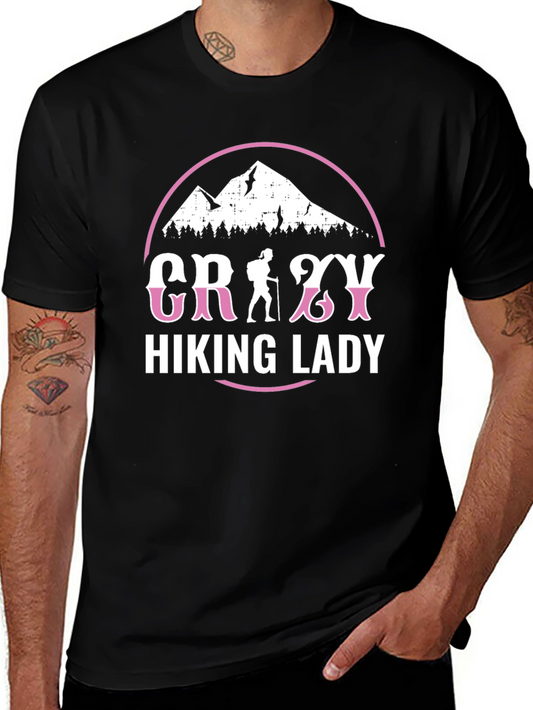 Crazy Hiking Lady Graphic Tee - Mountain Adventure Shirt