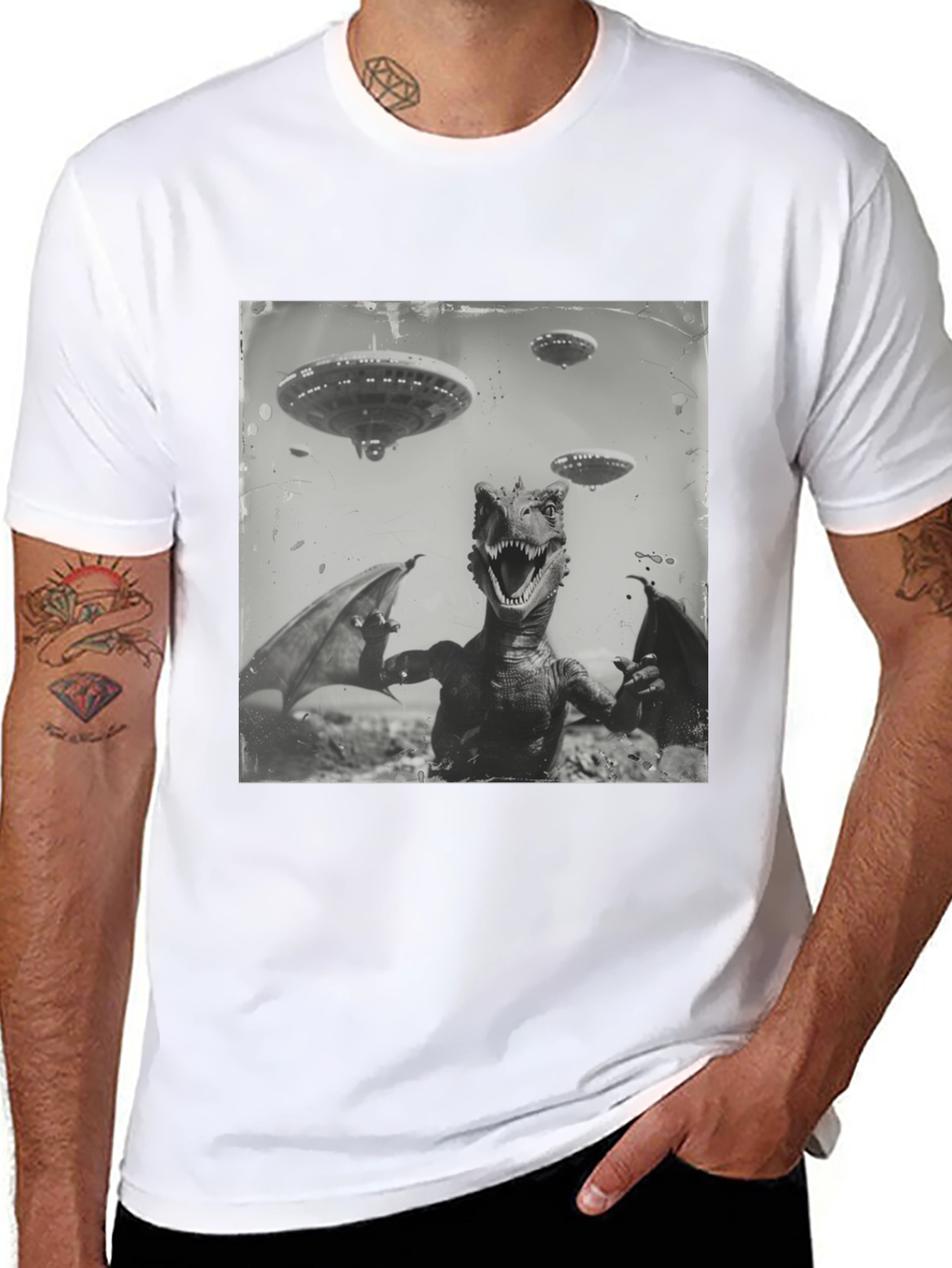 Retro Dinosaur UFO Graphic T-Shirt