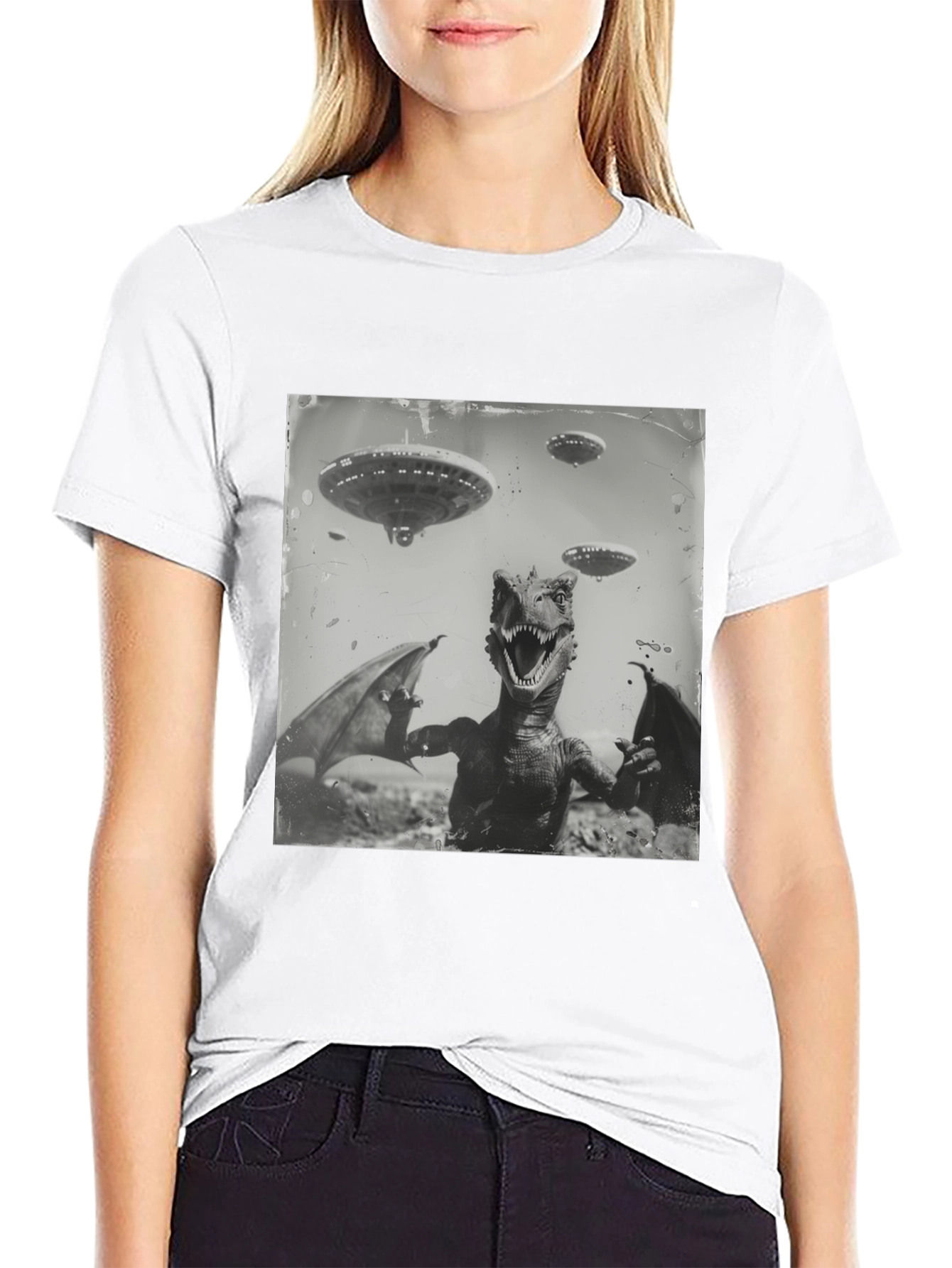 Retro Dinosaur UFO Graphic T-Shirt
