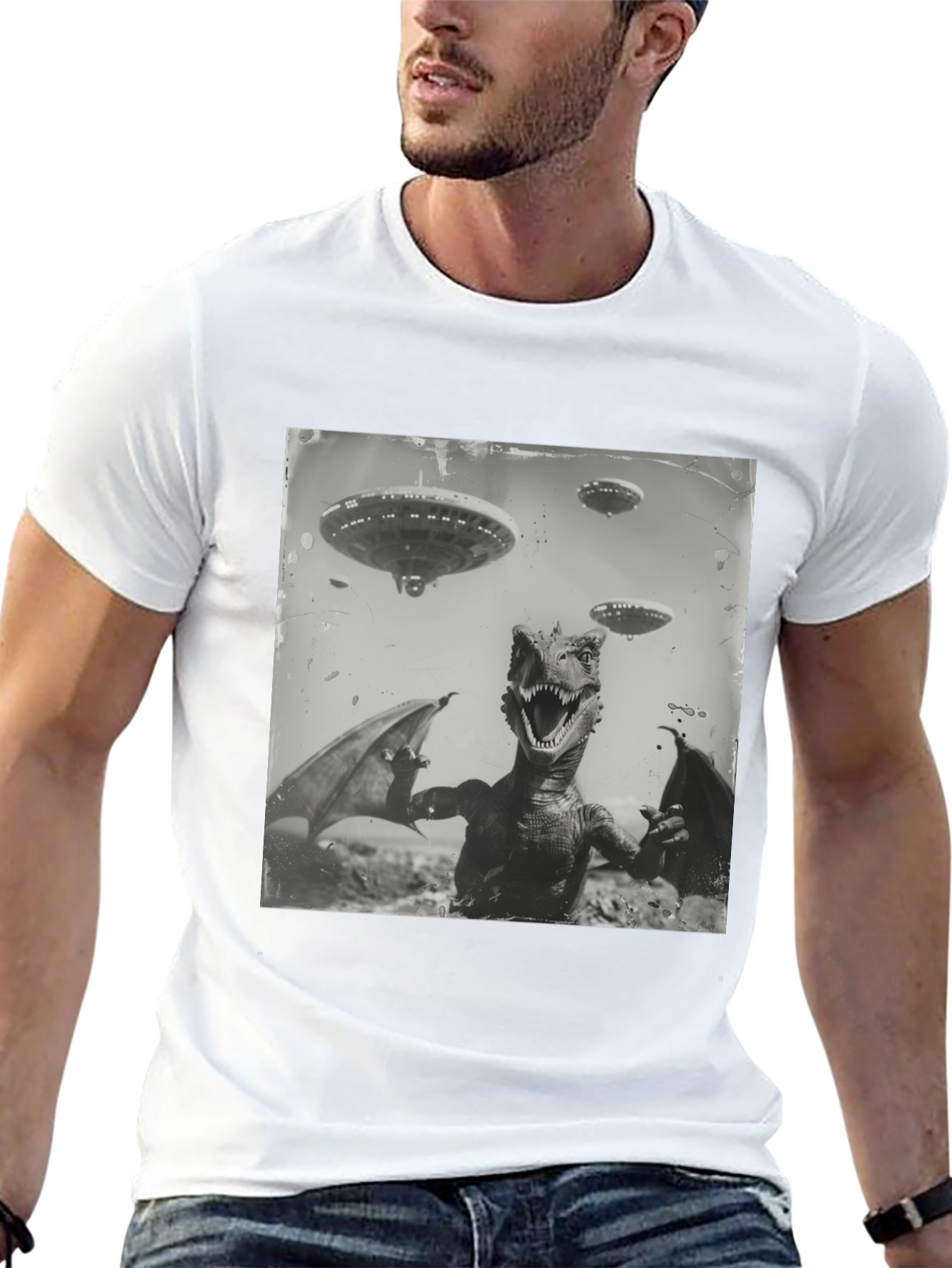Retro Dinosaur UFO Graphic T-Shirt