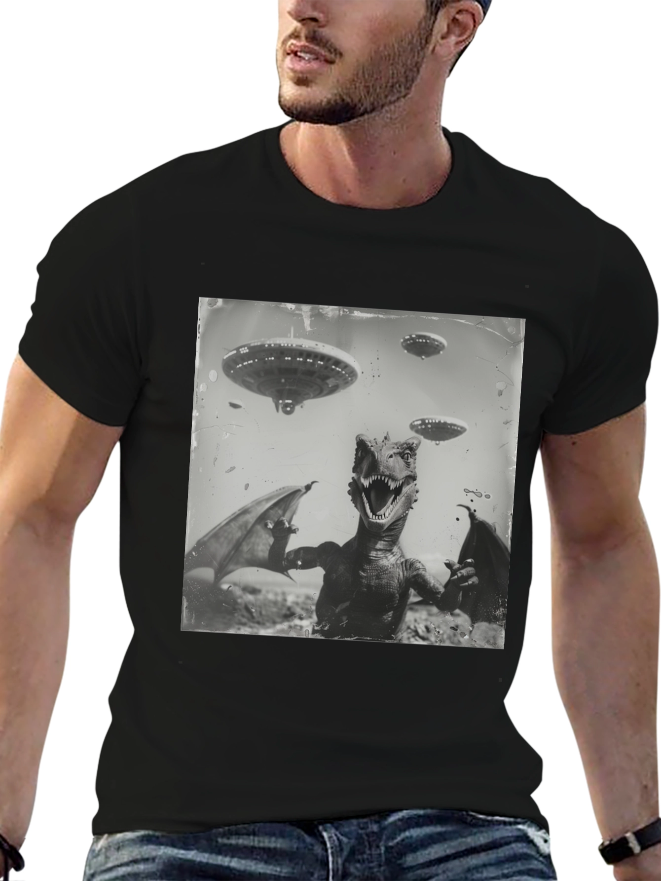 Retro Dinosaur UFO Graphic T-Shirt