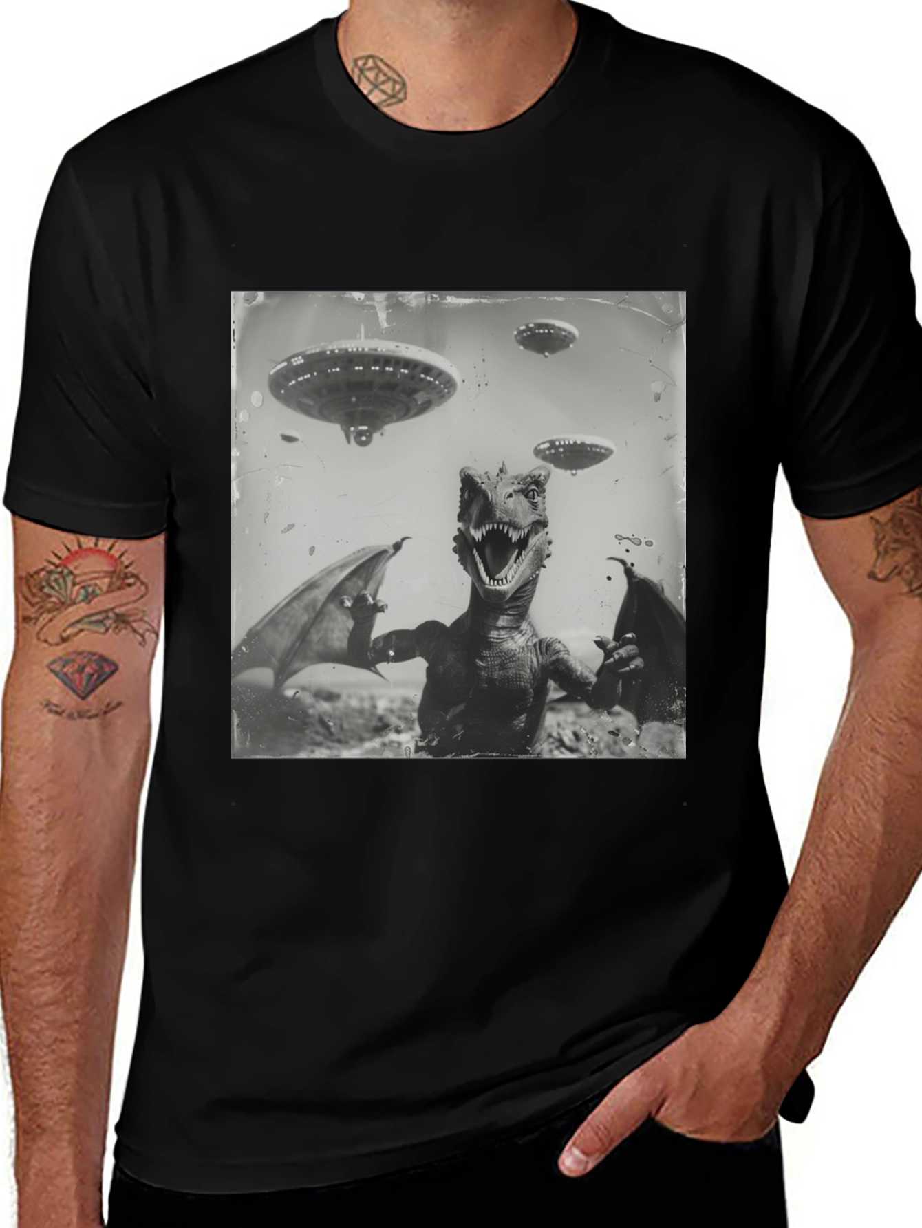 Retro Dinosaur UFO Graphic T-Shirt