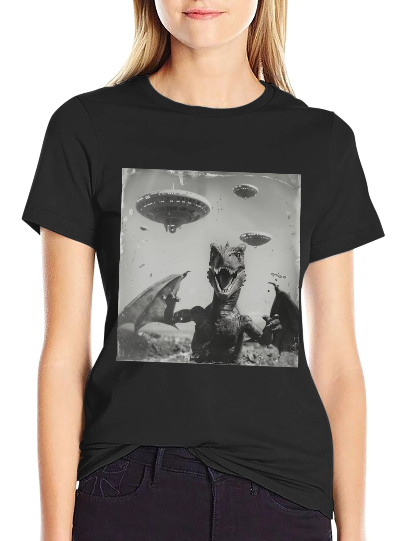 Retro Dinosaur UFO Graphic T-Shirt
