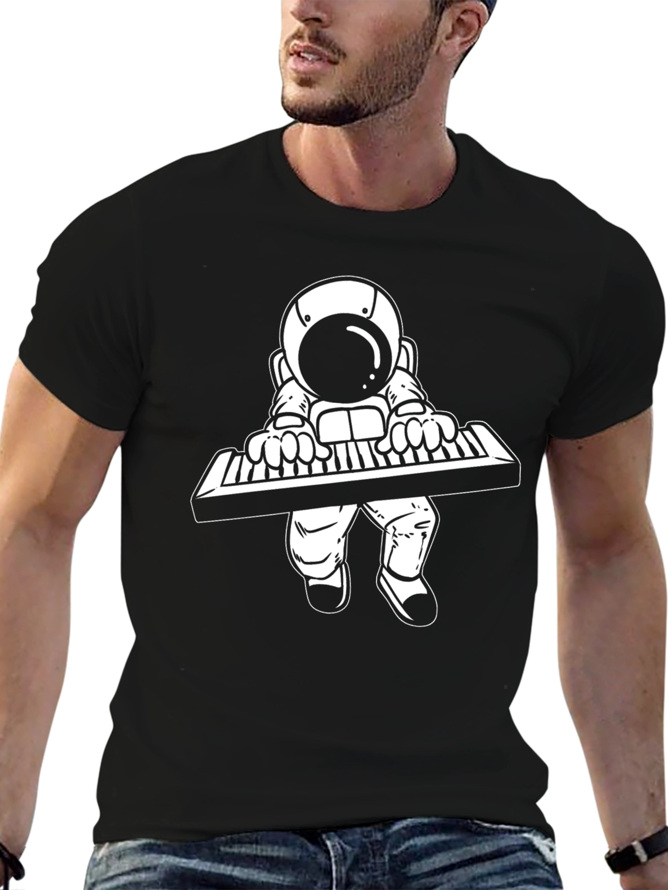 Astronaut Keyboardist Black T-Shirt