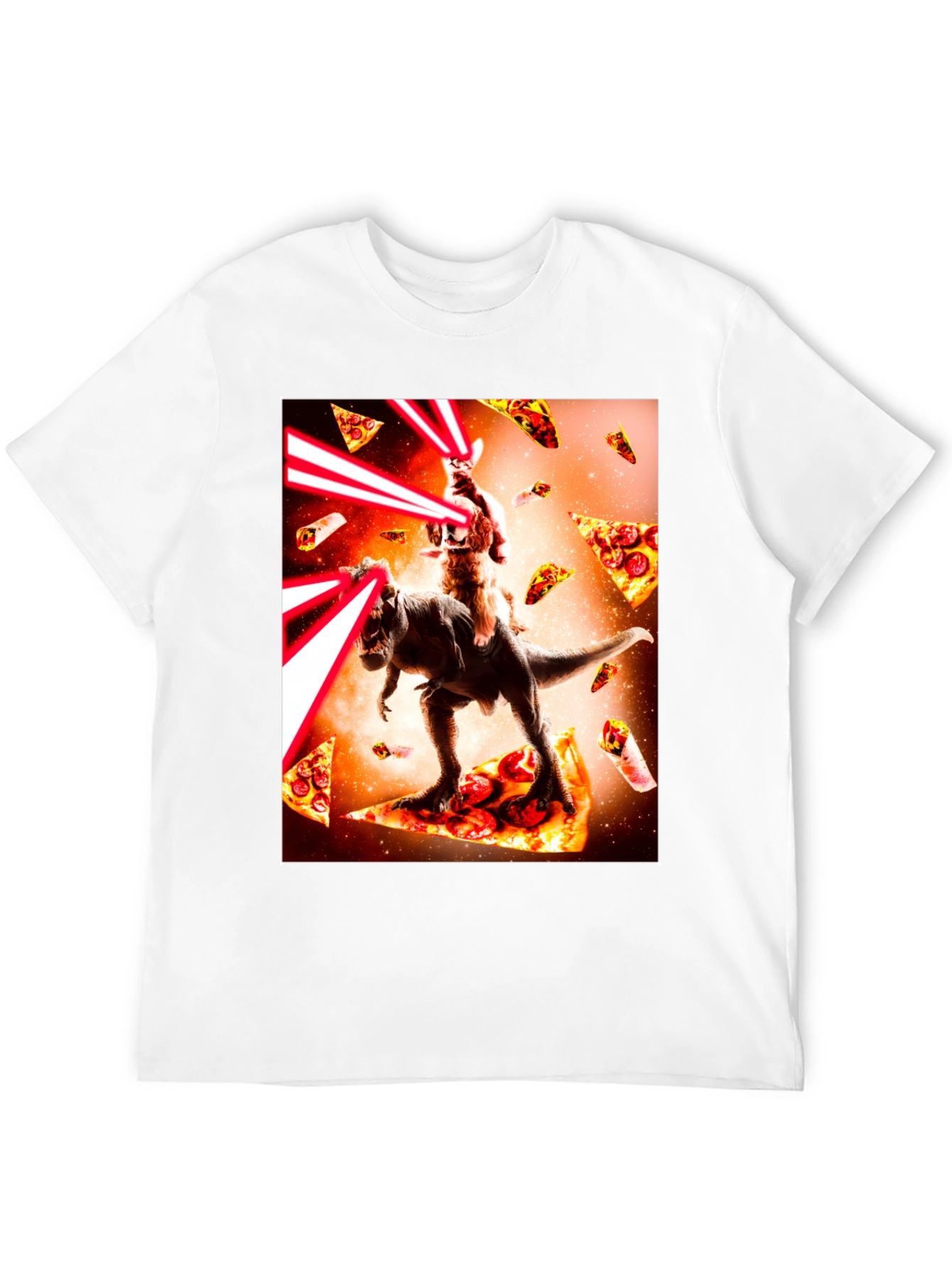 Cat Riding Dinosaur Pizza Laser Beam T-Shirt