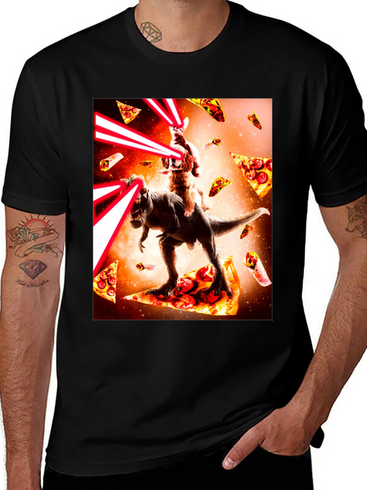 Cat Riding Dinosaur Pizza Laser Beam T-Shirt