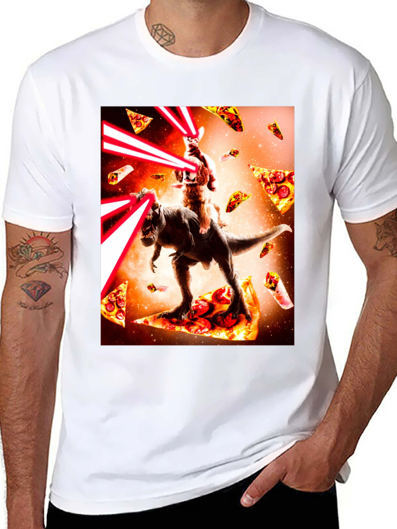 Cat Riding Dinosaur Pizza Laser Beam T-Shirt