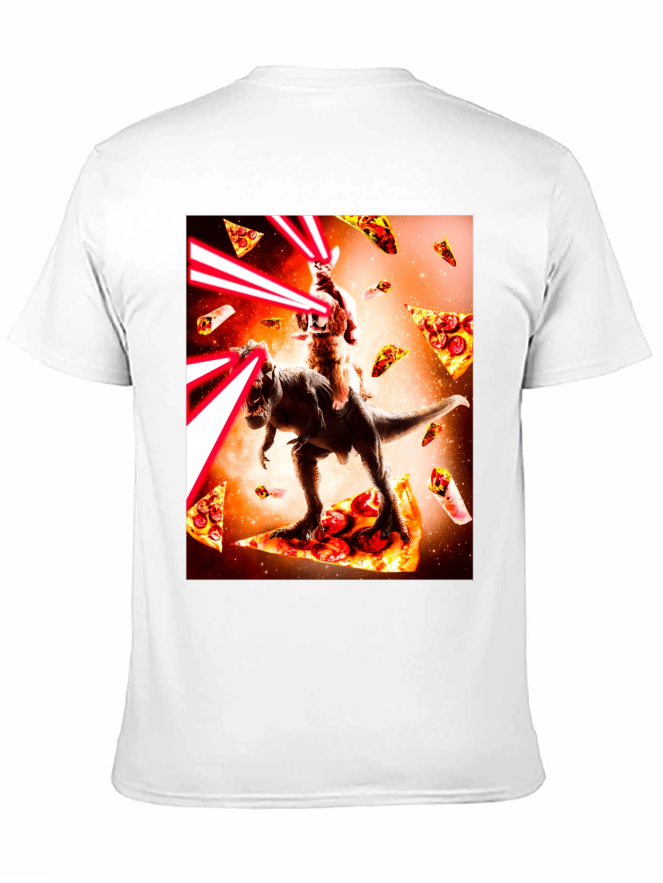 Cat Riding Dinosaur Pizza Laser Beam T-Shirt