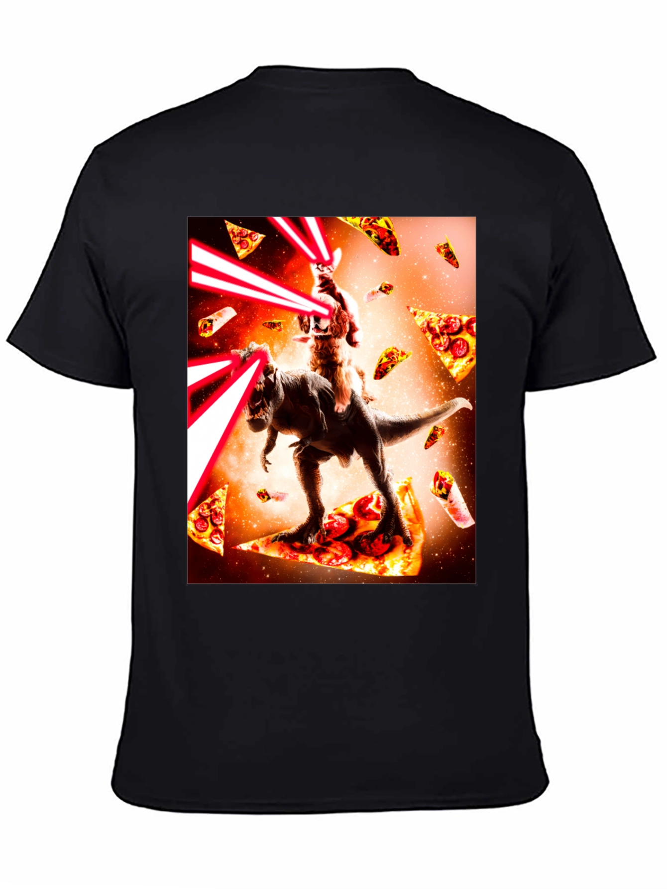 Cat Riding Dinosaur Pizza Laser Beam T-Shirt
