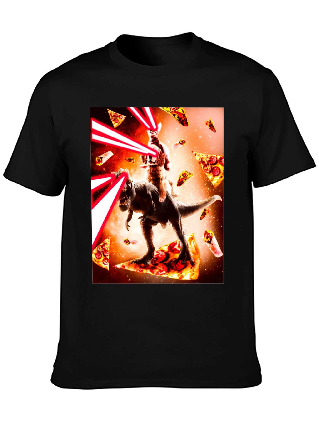 Cat Riding Dinosaur Pizza Laser Beam T-Shirt
