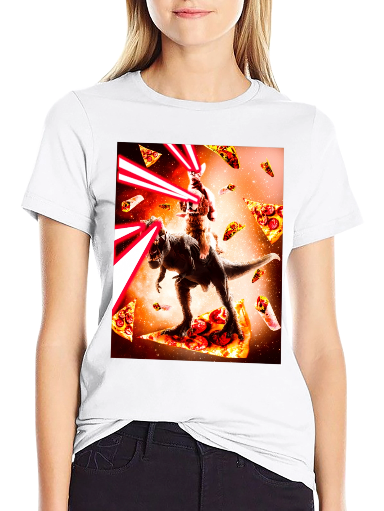 Cat Riding Dinosaur Pizza Laser Beam T-Shirt