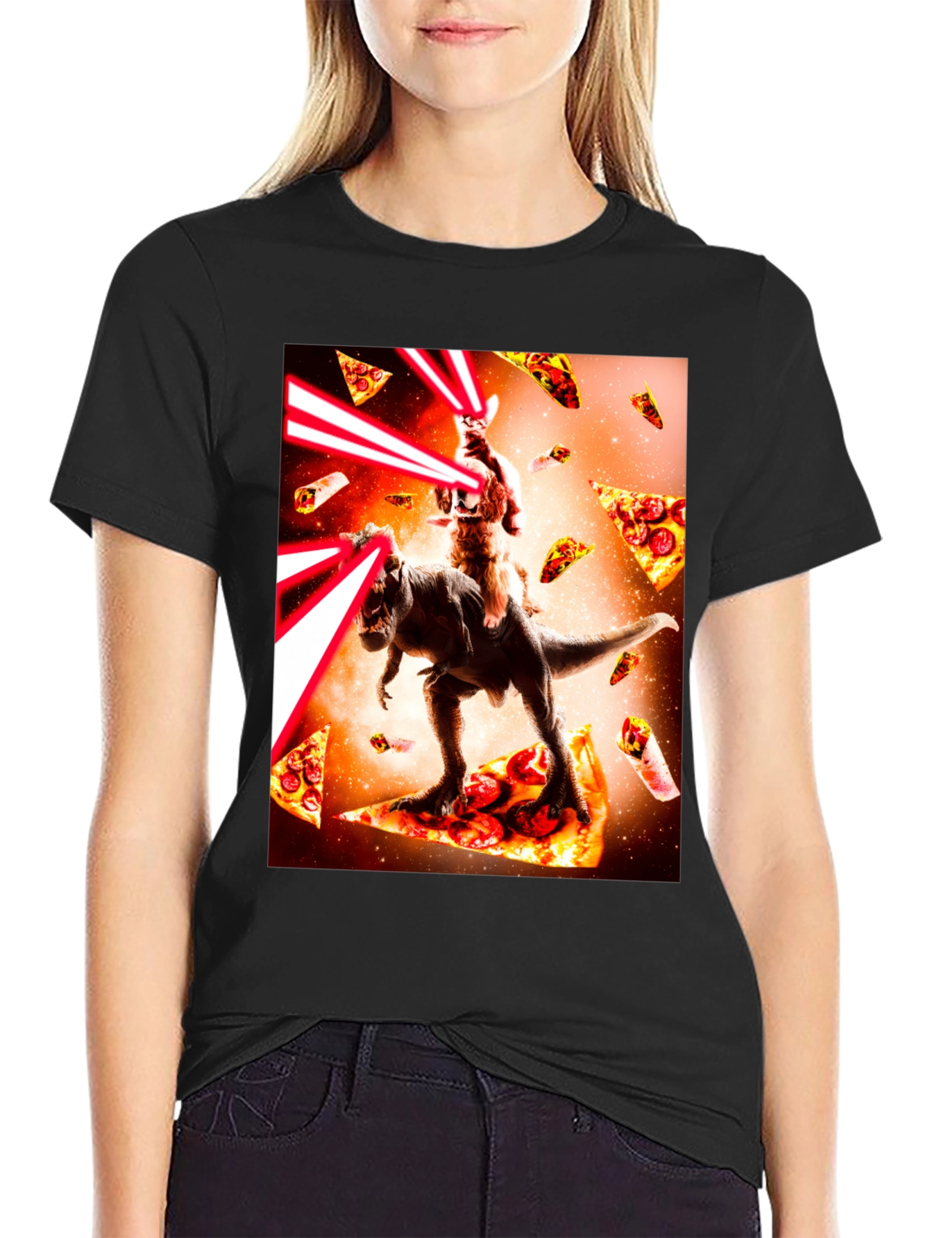Cat Riding Dinosaur Pizza Laser Beam T-Shirt