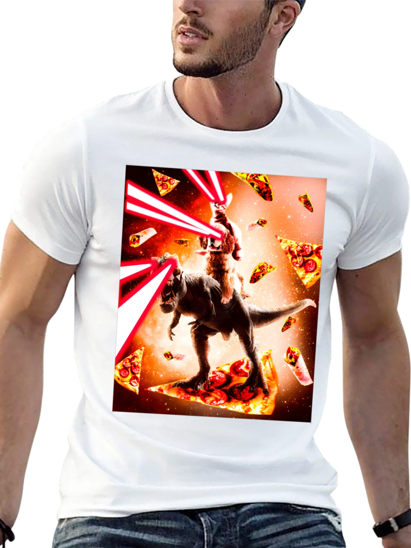 Cat Riding Dinosaur Pizza Laser Beam T-Shirt