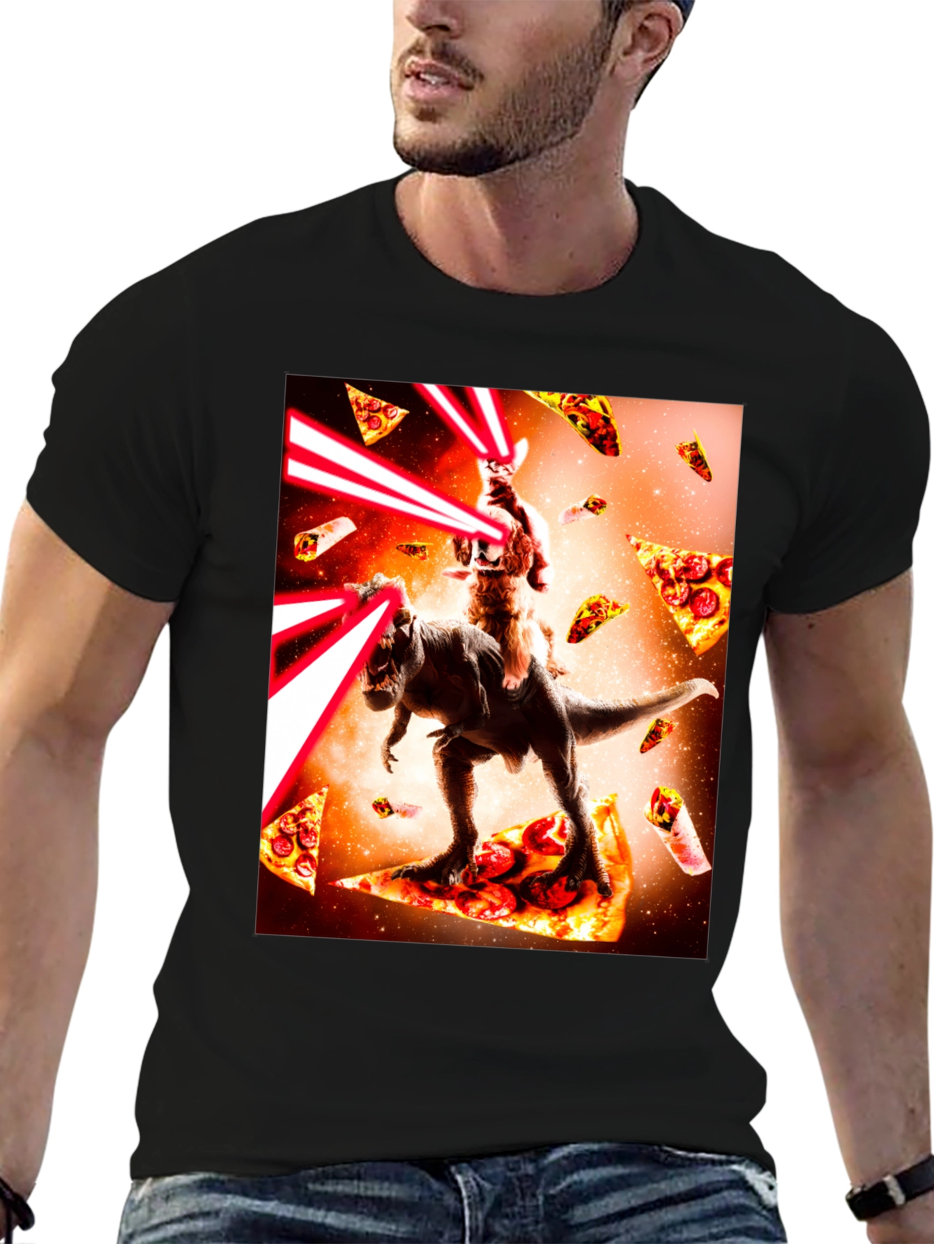 Cat Riding Dinosaur Pizza Laser Beam T-Shirt