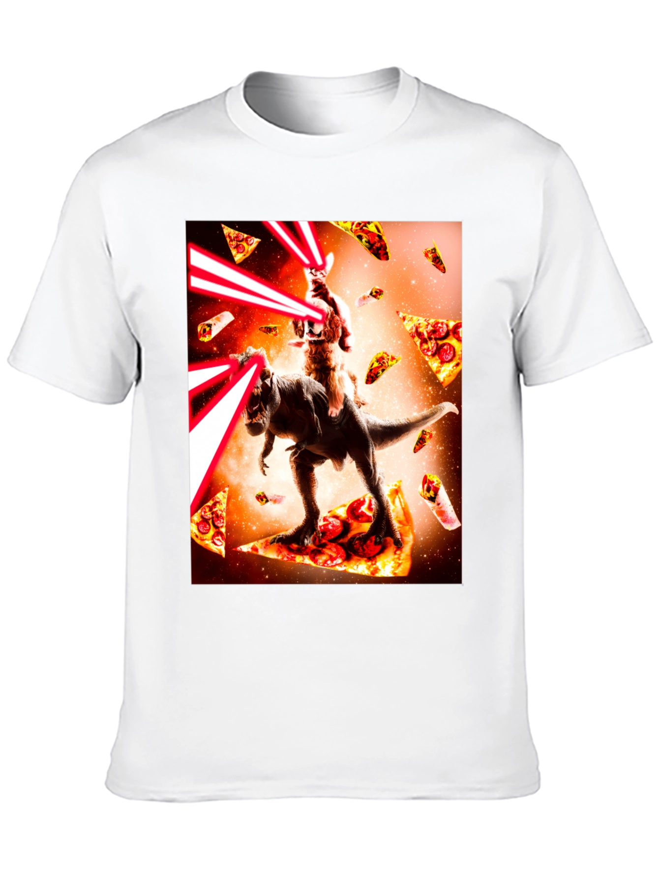 Cat Riding Dinosaur Pizza Laser Beam T-Shirt