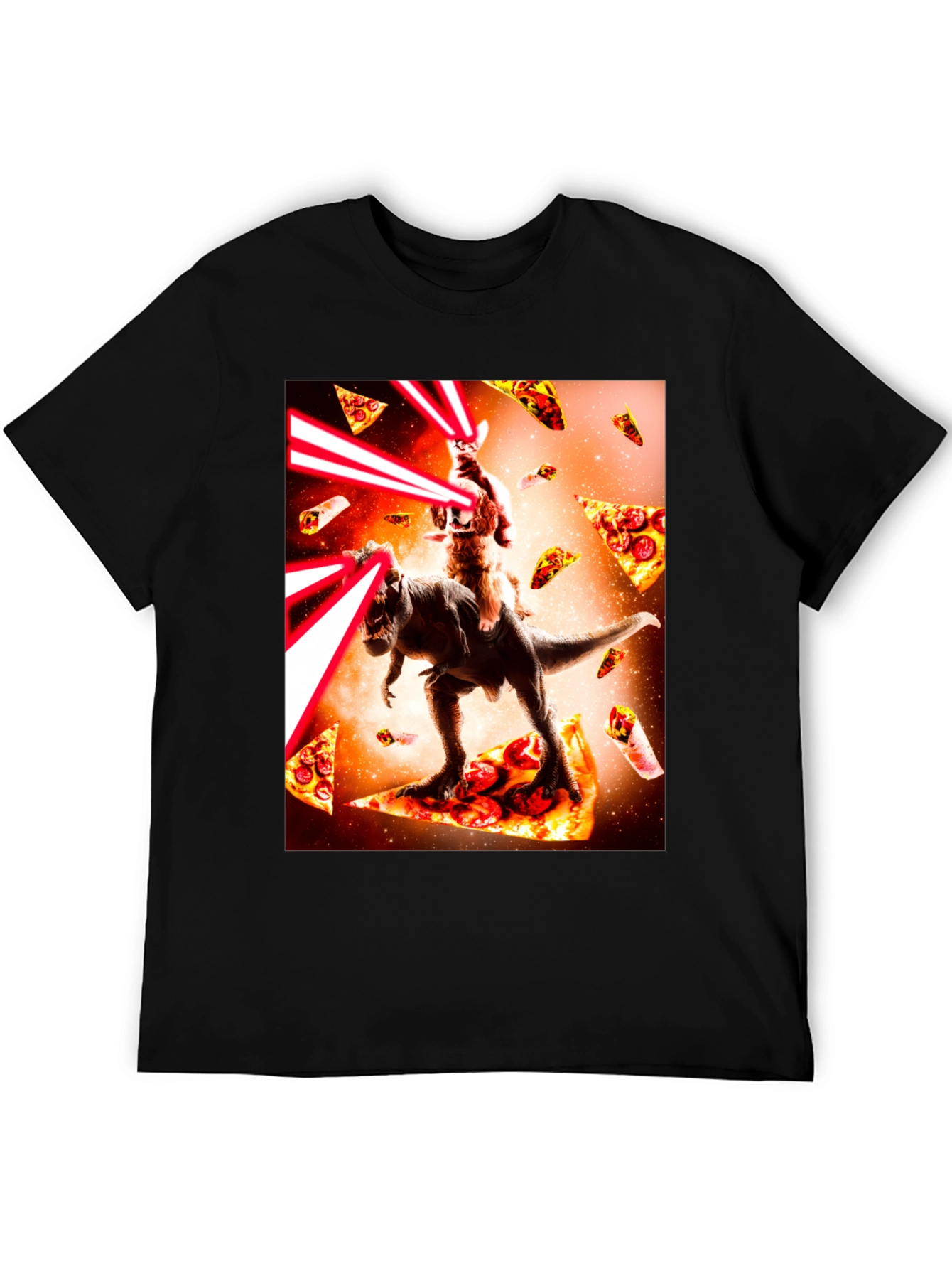 Cat Riding Dinosaur Pizza Laser Beam T-Shirt